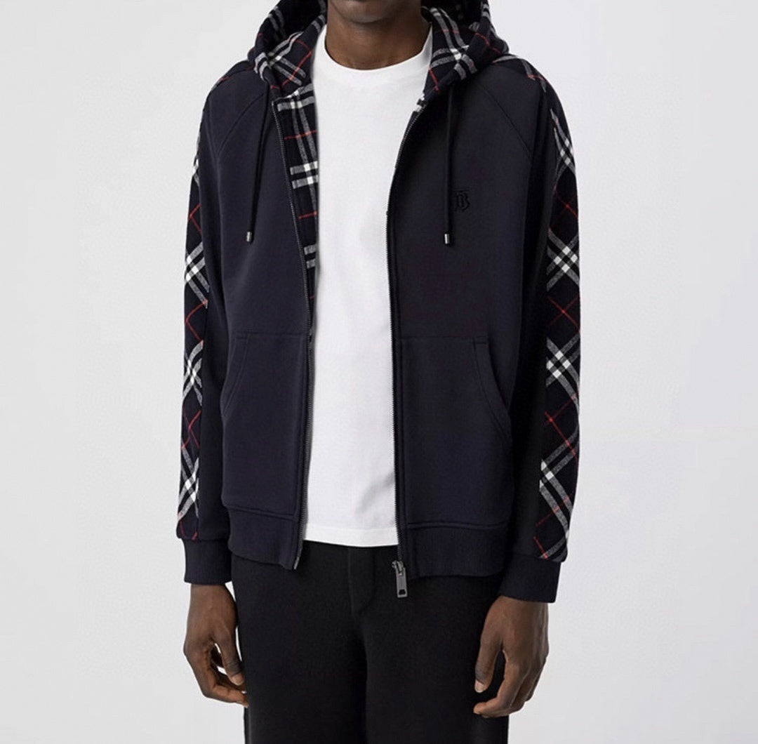 TB Monogram Zip-Up Checked Trim Hoodie | Navy