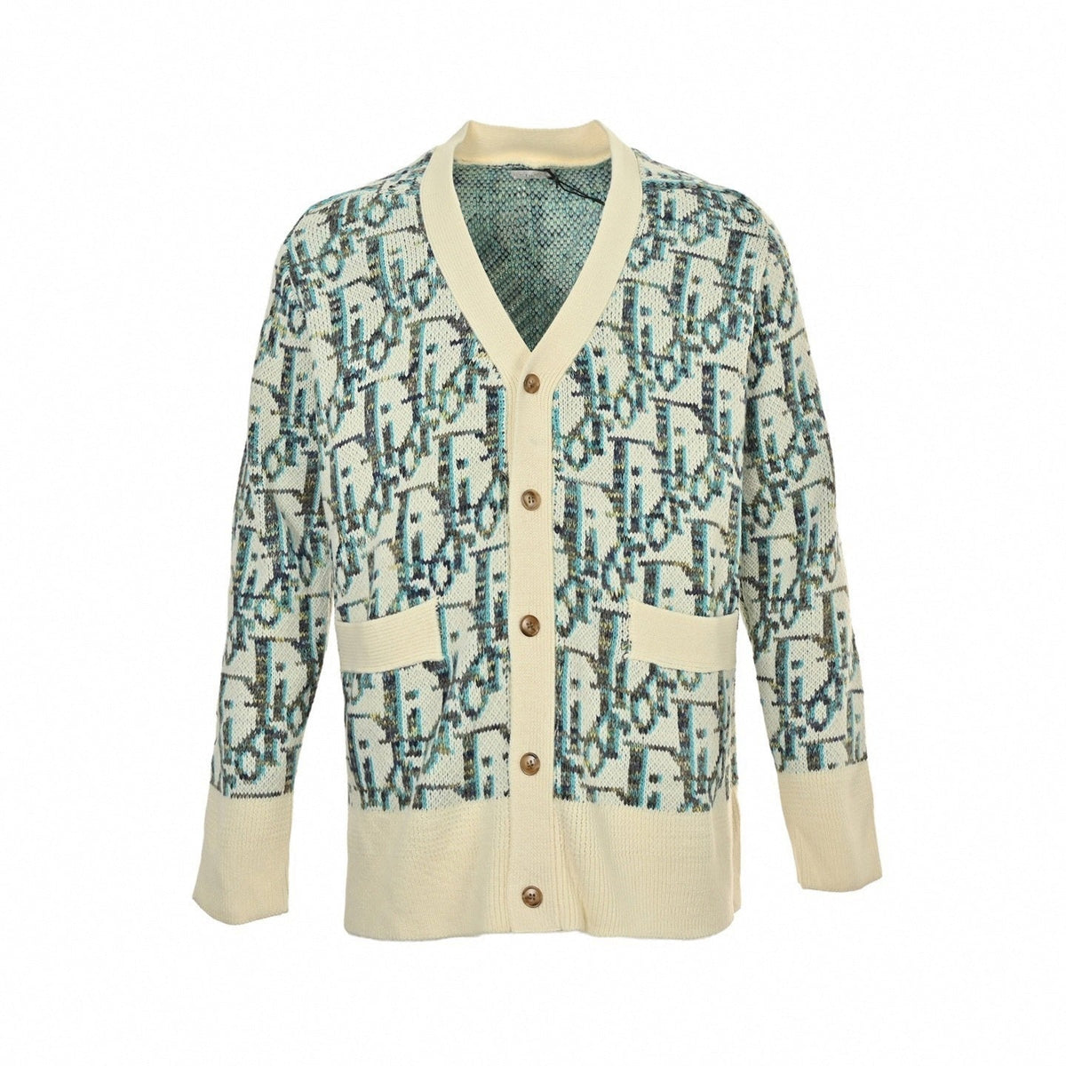 Oblique Cotton Jacquard Cardigan | White & Teal