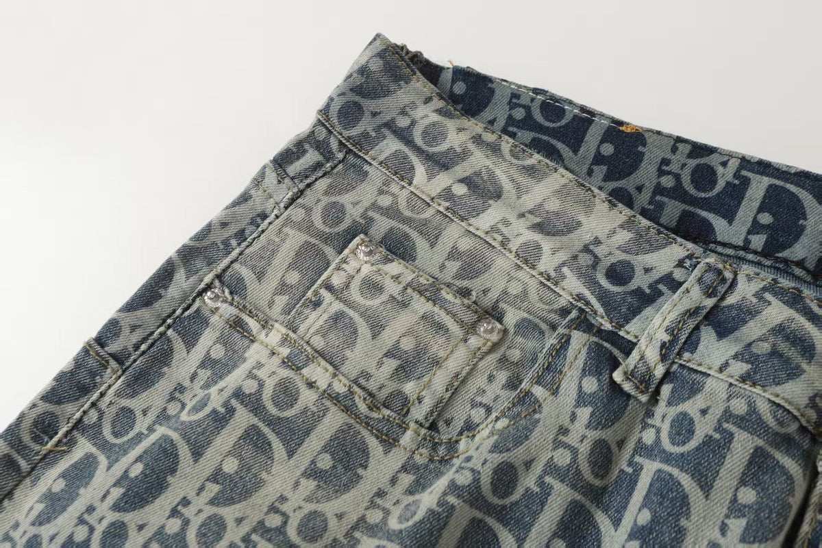 Oblique All-Over Print Faded Denim Jeans | Blue