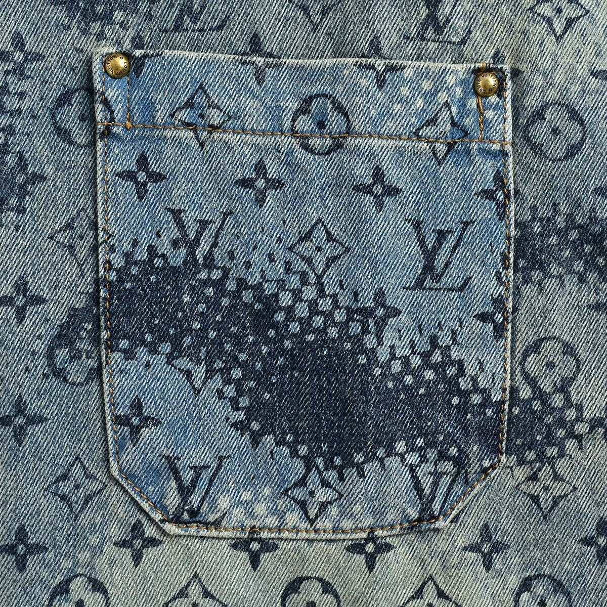 Monogram Halftone Denim Short-Sleeve Shirt - Blue