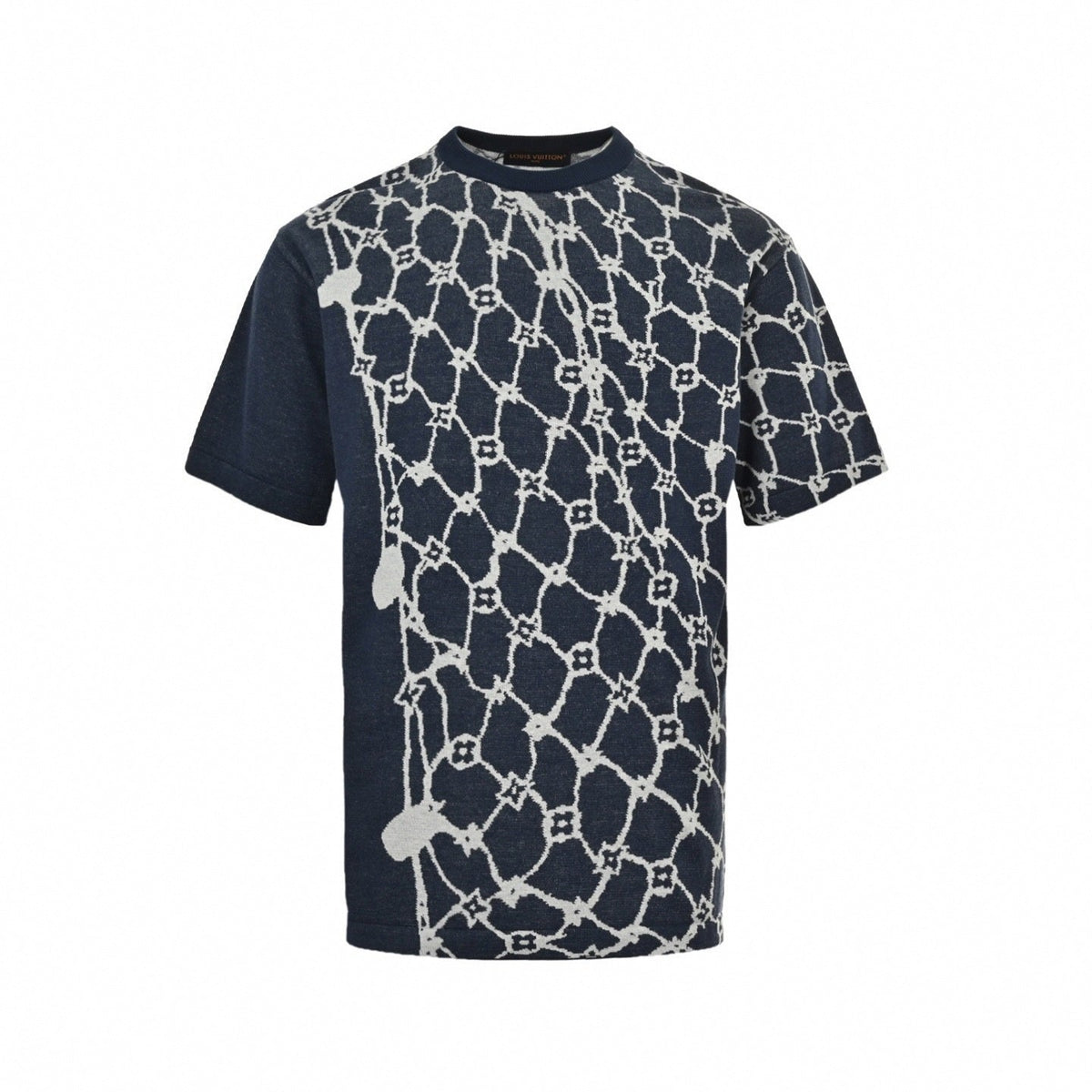 Asymmetrical Monogram Net Knit T-Shirt | Navy Blue